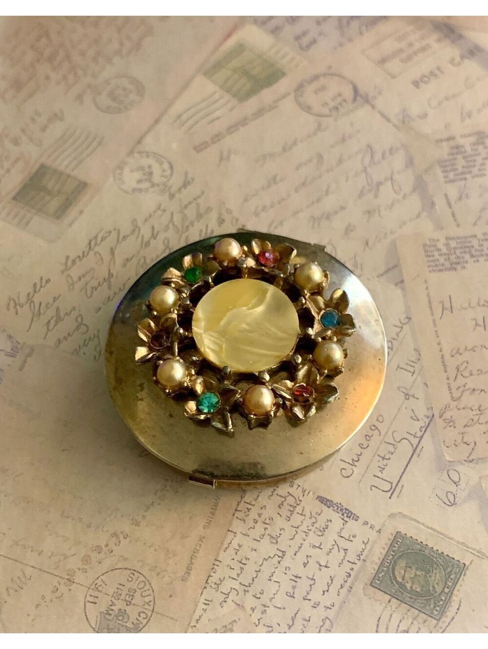 Vintage Ornate Rhinestone & Faux Pearl Compact Mirror / Pill Box
